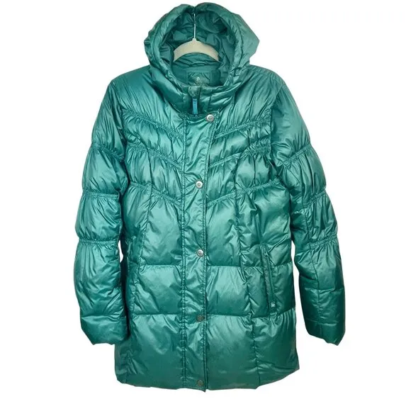 Prana Milly Down Puffer Coat Balsam Green Packable Thigh Length Hooded Womens L