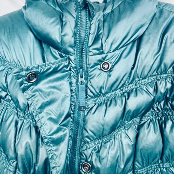 Prana Milly Down Puffer Coat Balsam Green Packable Thigh Length Hooded Womens L
