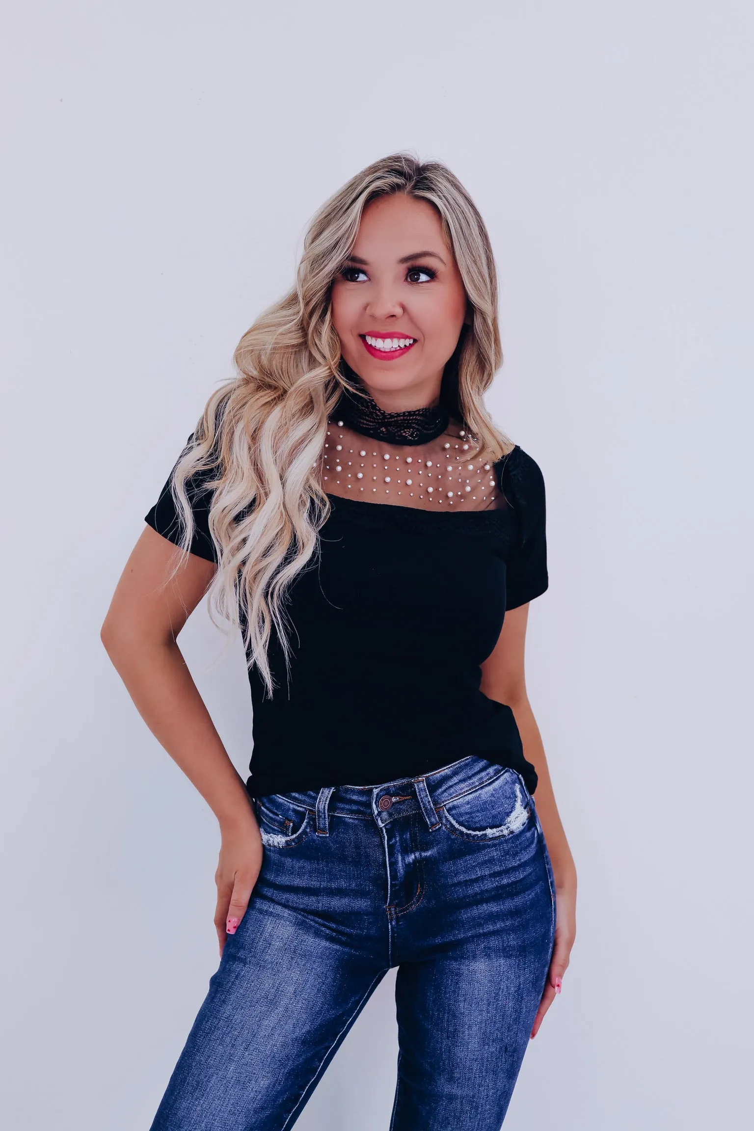 Presley Beaded Lace Top - Black