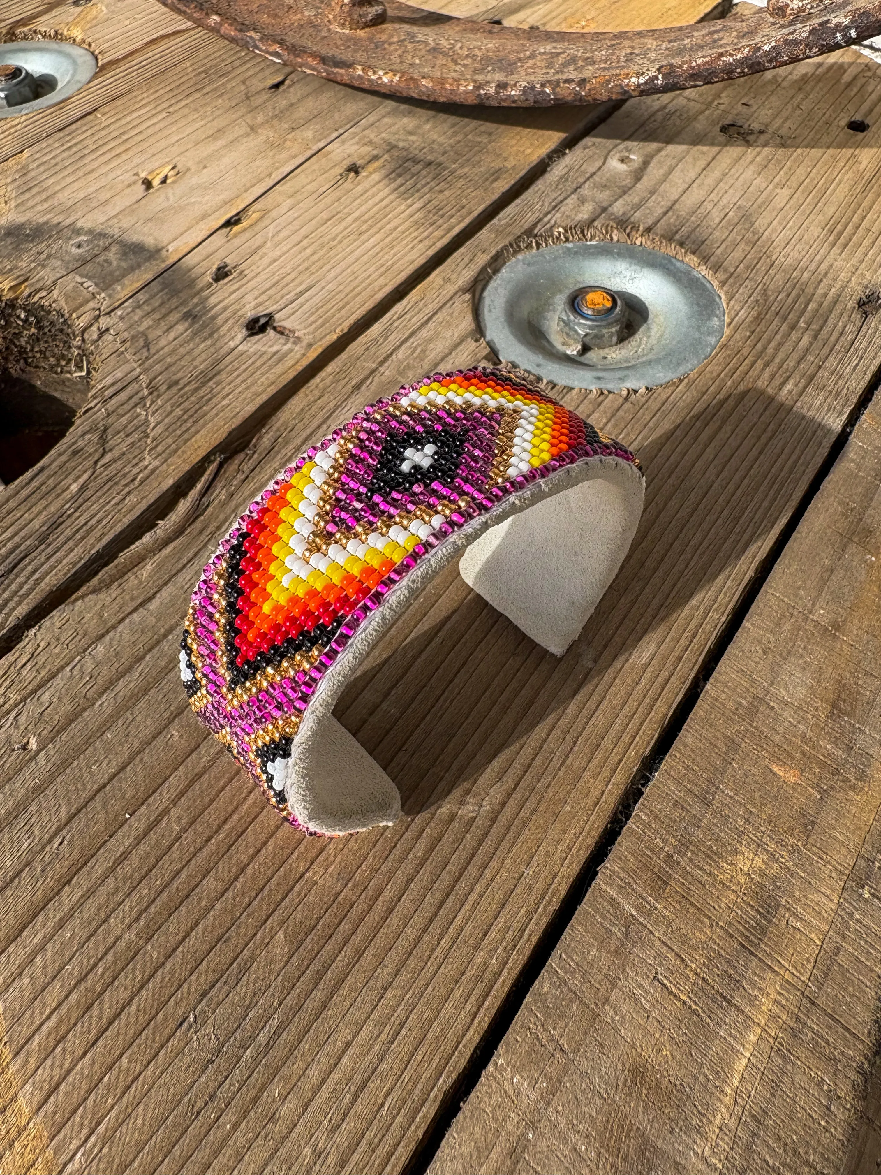 Purple Glaze Beaded Leather Cuff