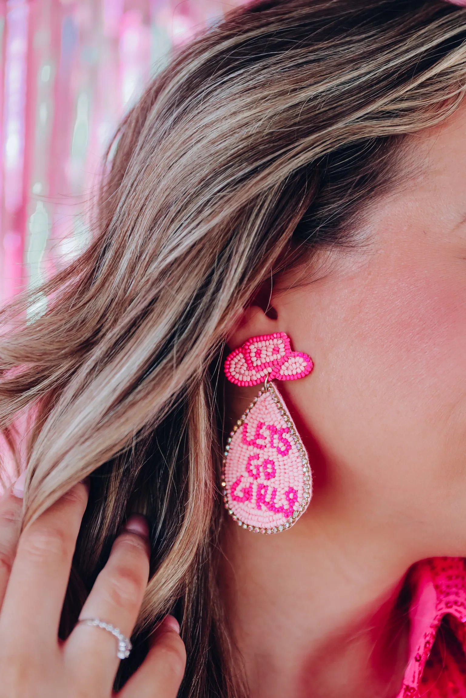 "Let's Go Girls" Cowgirl Hat Beaded Earrings - Pink