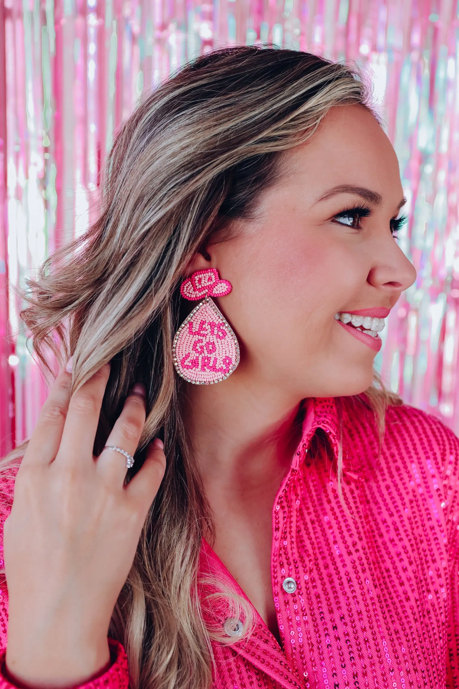 "Let's Go Girls" Cowgirl Hat Beaded Earrings - Pink