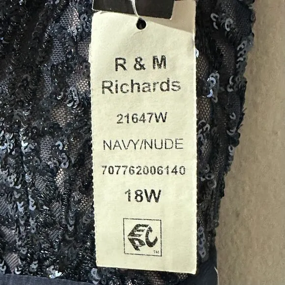 R&amp;M Richards Nightway Navy Blue / Nude Sequin Evening Gown Size 18W NWT