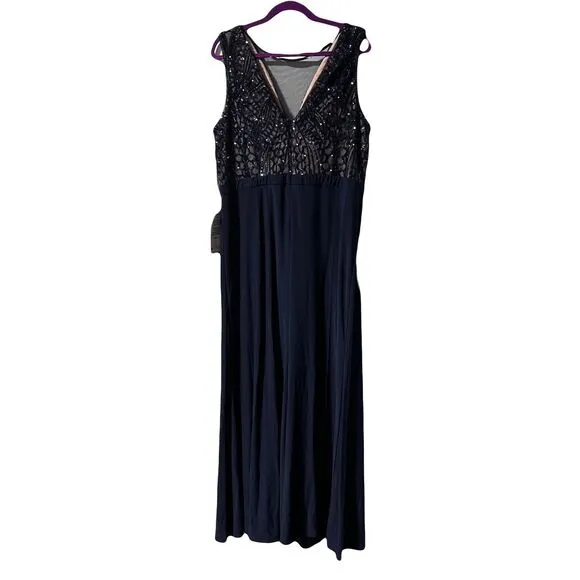 R&amp;M Richards Nightway Navy Blue / Nude Sequin Evening Gown Size 18W NWT