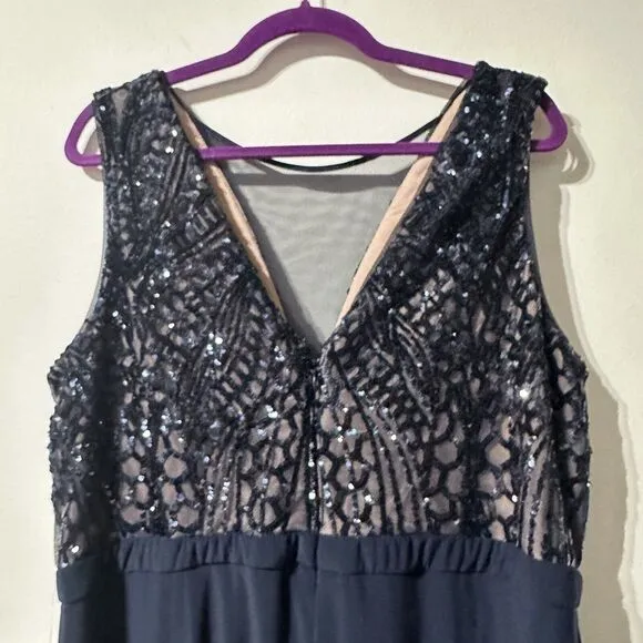 R&amp;M Richards Nightway Navy Blue / Nude Sequin Evening Gown Size 18W NWT