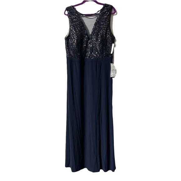 R&amp;M Richards Nightway Navy Blue / Nude Sequin Evening Gown Size 18W NWT