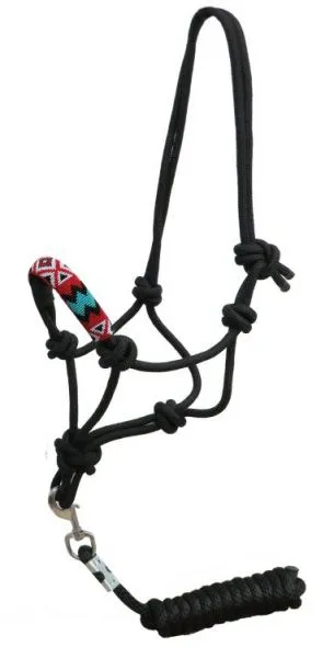 Red & Teal Chevron Beaded nose cowboy knot rope halter with 7' lead