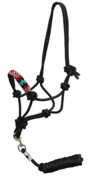 Red & Teal Chevron Beaded nose cowboy knot rope halter with 7' lead