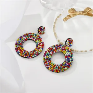 Red & White Beaded Round Drop Earrings