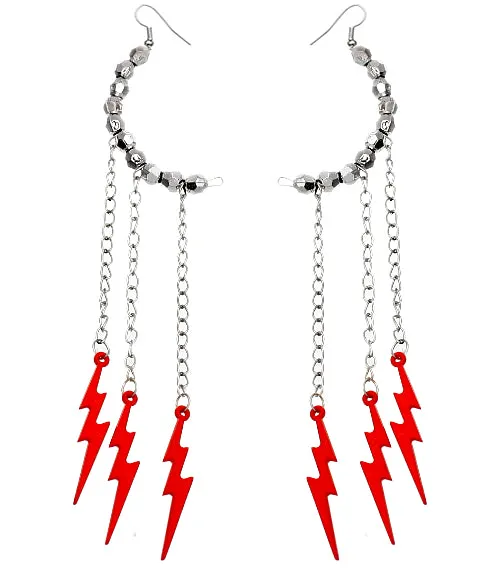 Red Beaded Drop Chain Lightning Bolt Dangle Earrings