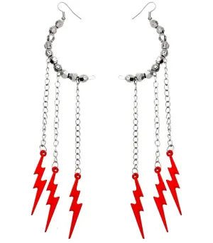 Red Beaded Drop Chain Lightning Bolt Dangle Earrings