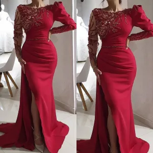 red beaded evening dresses long sleeve mermaid modest satin elegant evening gown vestidos