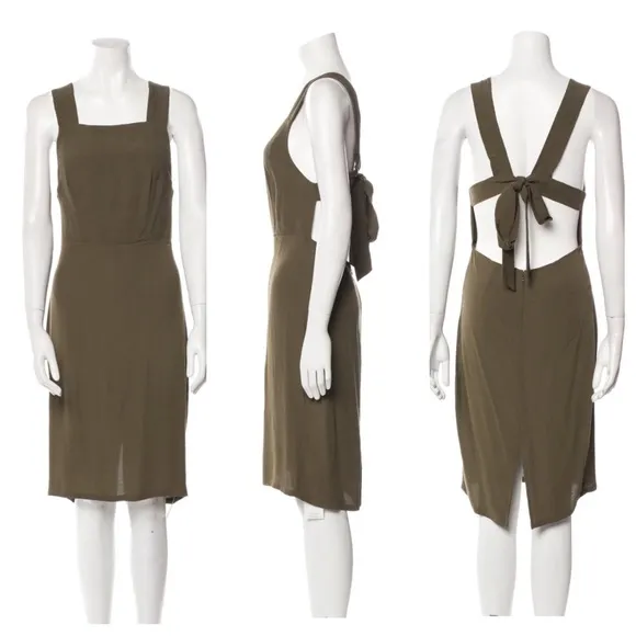 Reformation Square Neck Low back Crepe Midi Dress in Olive Green