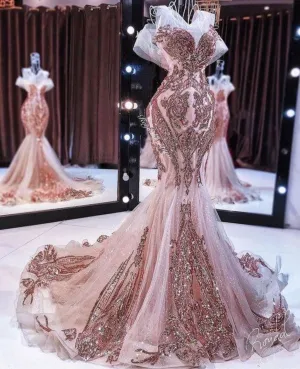 rose gold evening dresses long mermaid sparkly sequin appliqué beaded fishtail evening gown vestidos