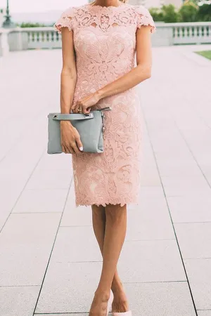 Roycebridal Chic Pink Cap Sleeves Lace Knee Length Short Prom Dresses