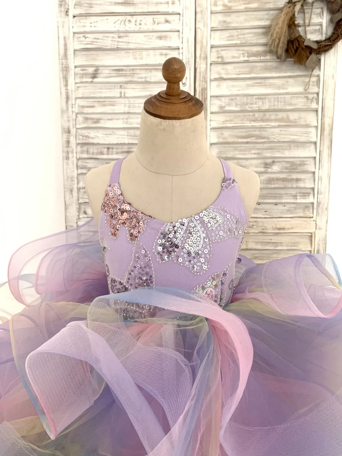 Ruffles Tulle Butterfly Sequin Backless Wedding Flower Girl Dress Kids Birthday Party