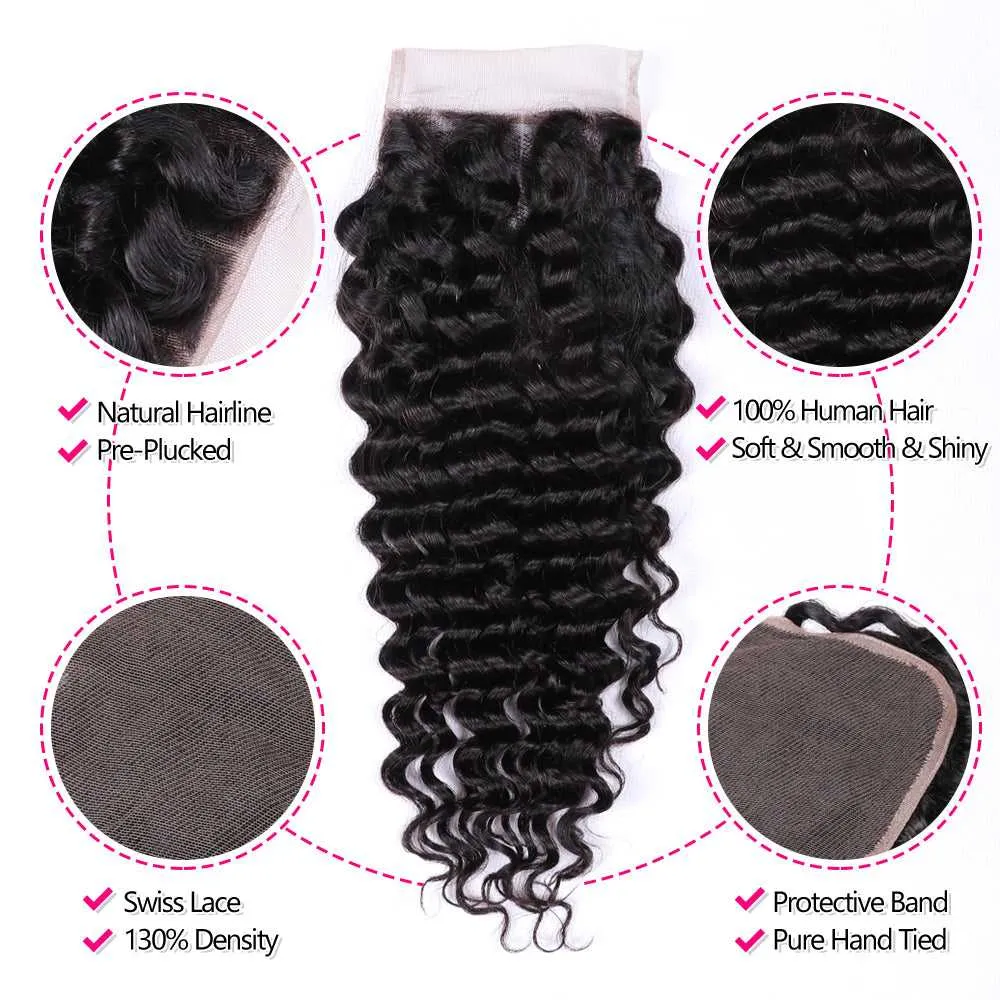 Sdamey Brazilian Deep Wave Human Hair 6X6 Lace Closure
