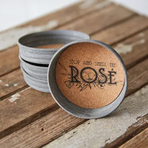 Set of 4 Rustic Mason Jar Lid Coasters - "Stop and Smell the Roses"