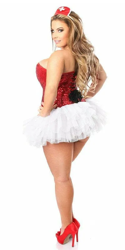 Sexy Deluxe 4 Piece Sequin Nurse Corset Halloween Costume