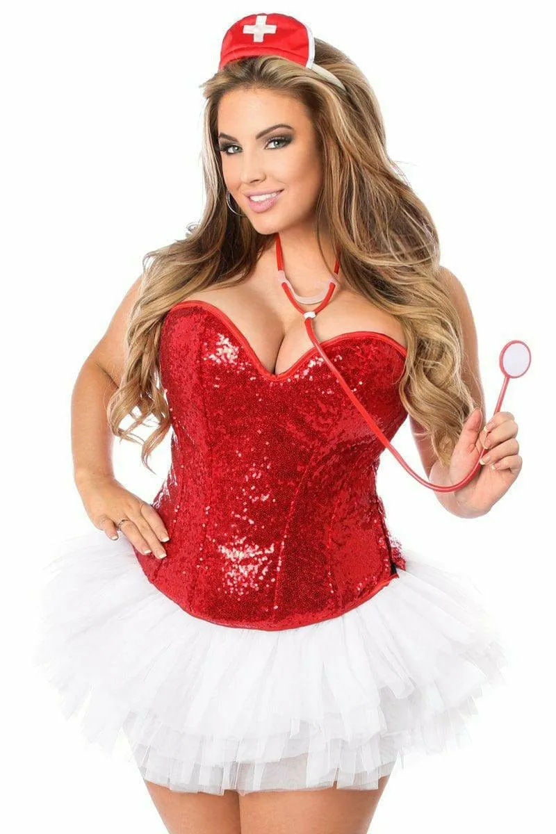 Sexy Deluxe 4 Piece Sequin Nurse Corset Halloween Costume