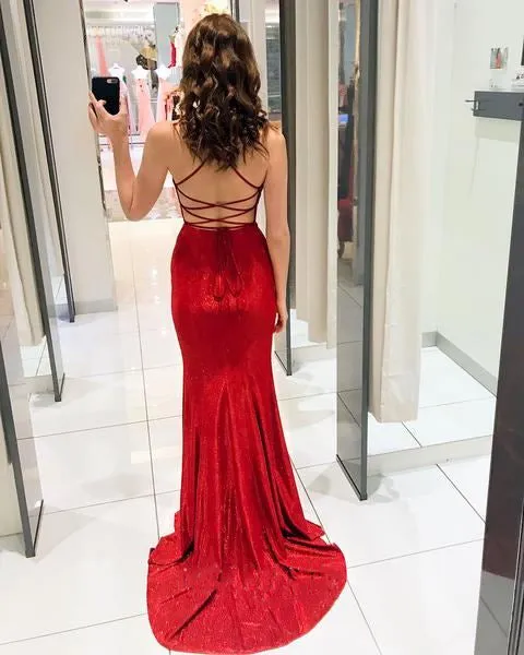 Sexy Red V-neck Spaghetti Strap Mermaid Side-slit Long Prom Evening Dress, PD3123