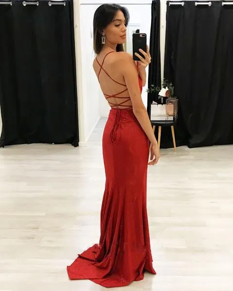 Sexy Red V-neck Spaghetti Strap Mermaid Side-slit Long Prom Evening Dress, PD3123