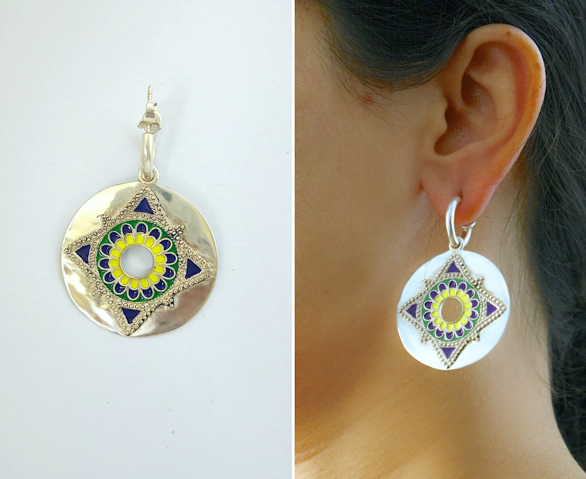 Show-stopping earrings with a dangling enamel disc on small open hoop
