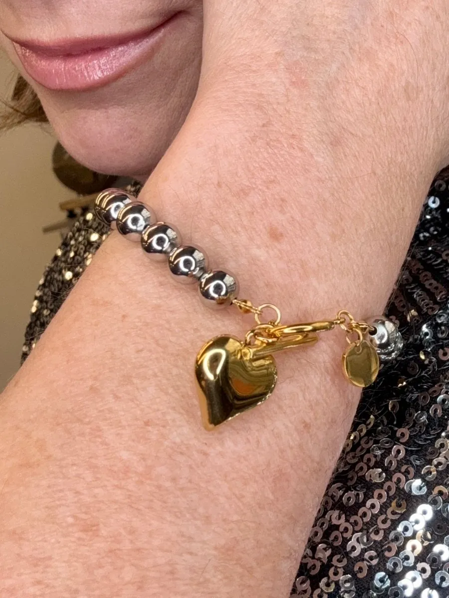 Silver Beaded Gold Heart Bracelet