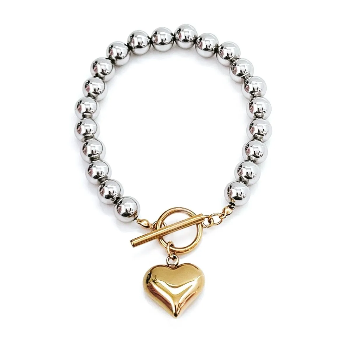 Silver Beaded Gold Heart Bracelet