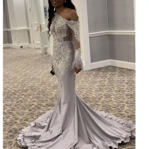 silver evening dresses long one shoulder feather lace applique african sexy evening gown