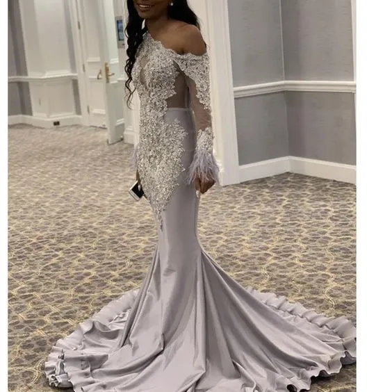 silver evening dresses long one shoulder feather lace applique african sexy evening gown
