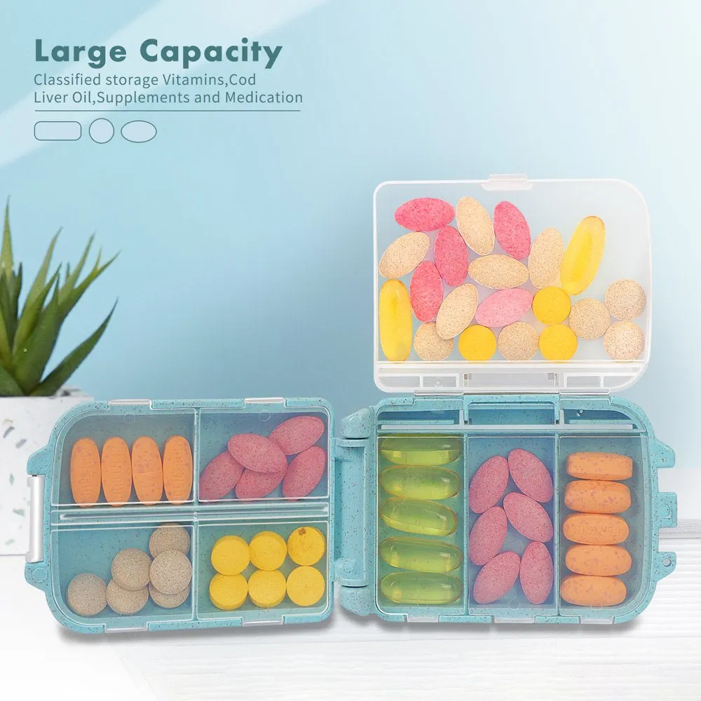 Skycase Pill Organizer, [2 Pack] Pill Cases, [Folding Design] Weekly Pill Case Organizer 7 Day, 8 Compartments Portable Travel Pill Box for Pocket Purse Medicine Vitamin Holder Container,Blue