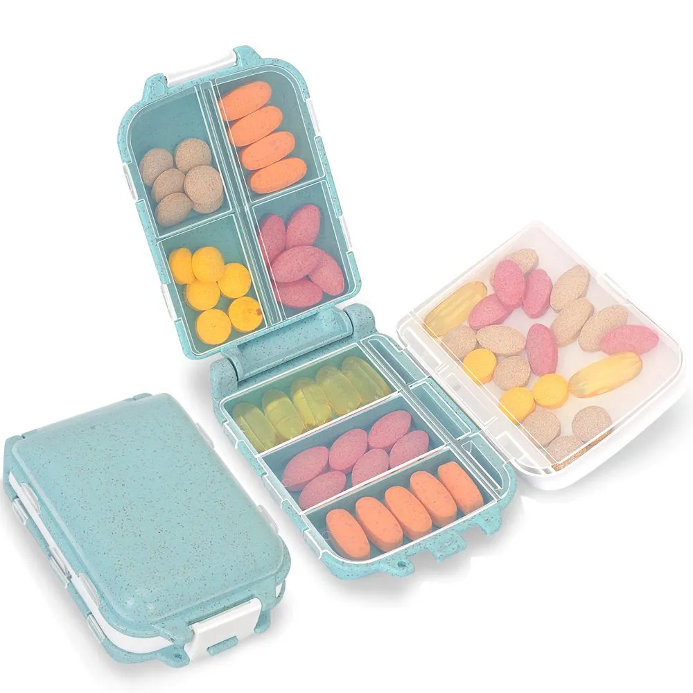 Skycase Pill Organizer, [2 Pack] Pill Cases, [Folding Design] Weekly Pill Case Organizer 7 Day, 8 Compartments Portable Travel Pill Box for Pocket Purse Medicine Vitamin Holder Container,Blue