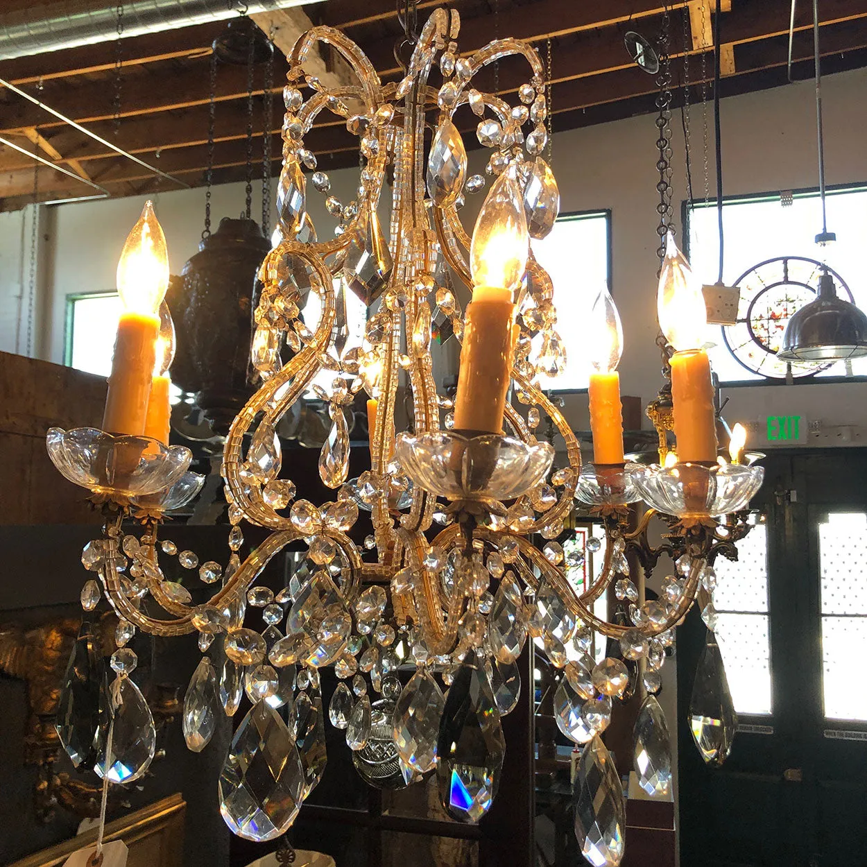 Small French Louis XV Revival Wrought Iron, Beaded and Crystal Six-Light Chandelier