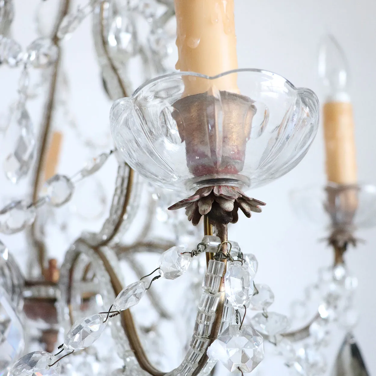 Small French Louis XV Revival Wrought Iron, Beaded and Crystal Six-Light Chandelier