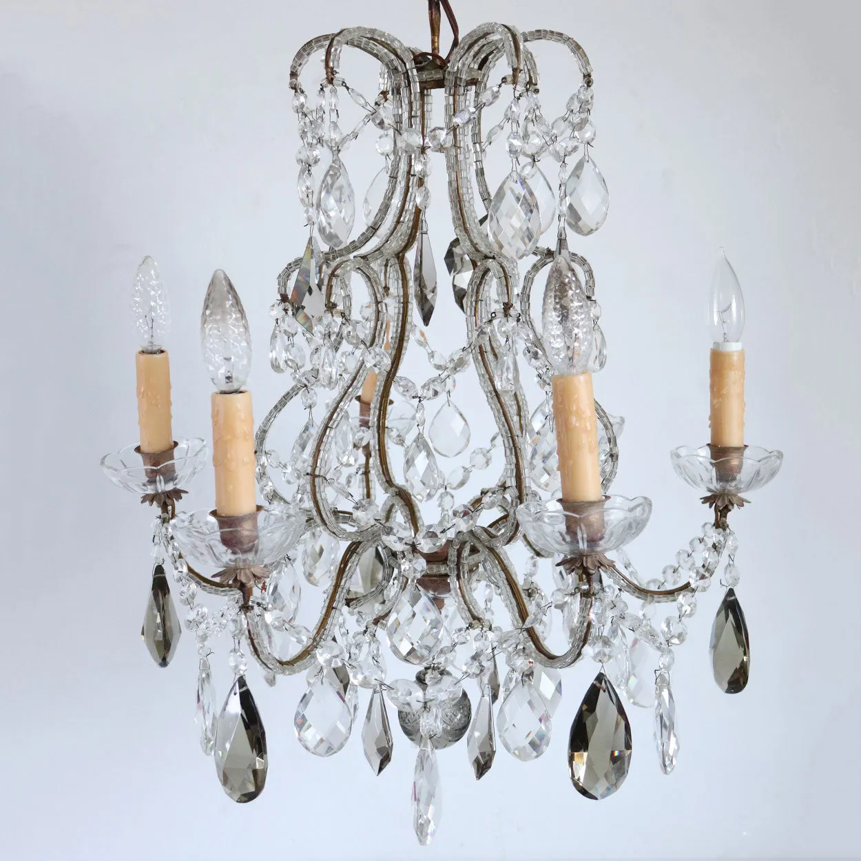 Small French Louis XV Revival Wrought Iron, Beaded and Crystal Six-Light Chandelier
