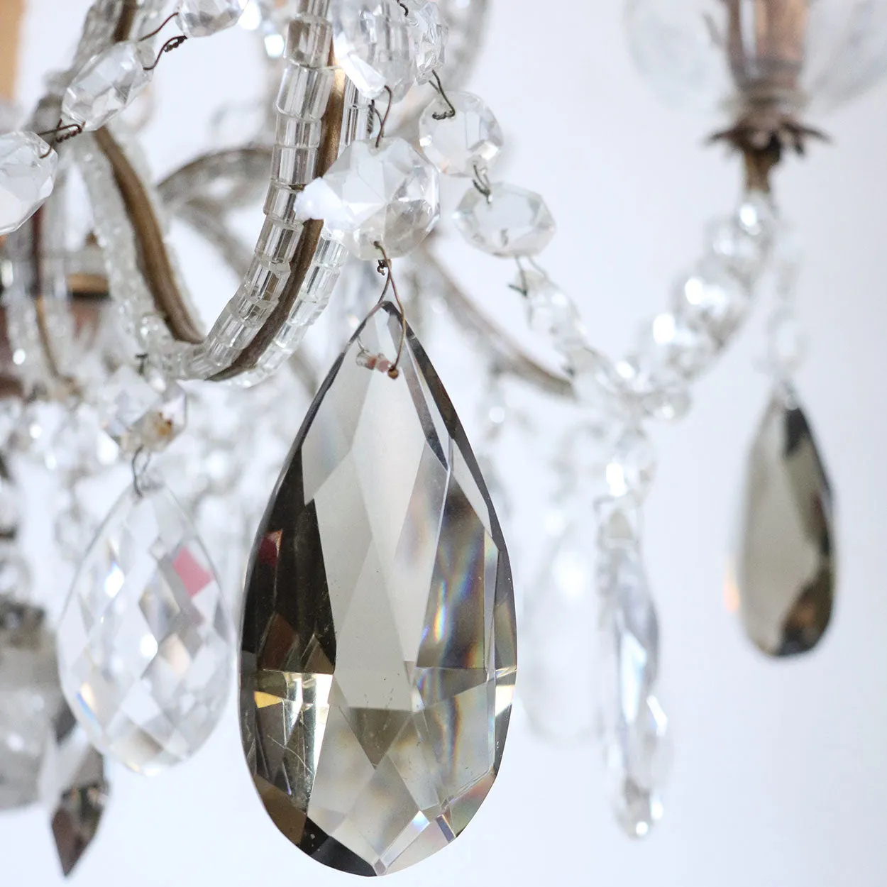 Small French Louis XV Revival Wrought Iron, Beaded and Crystal Six-Light Chandelier