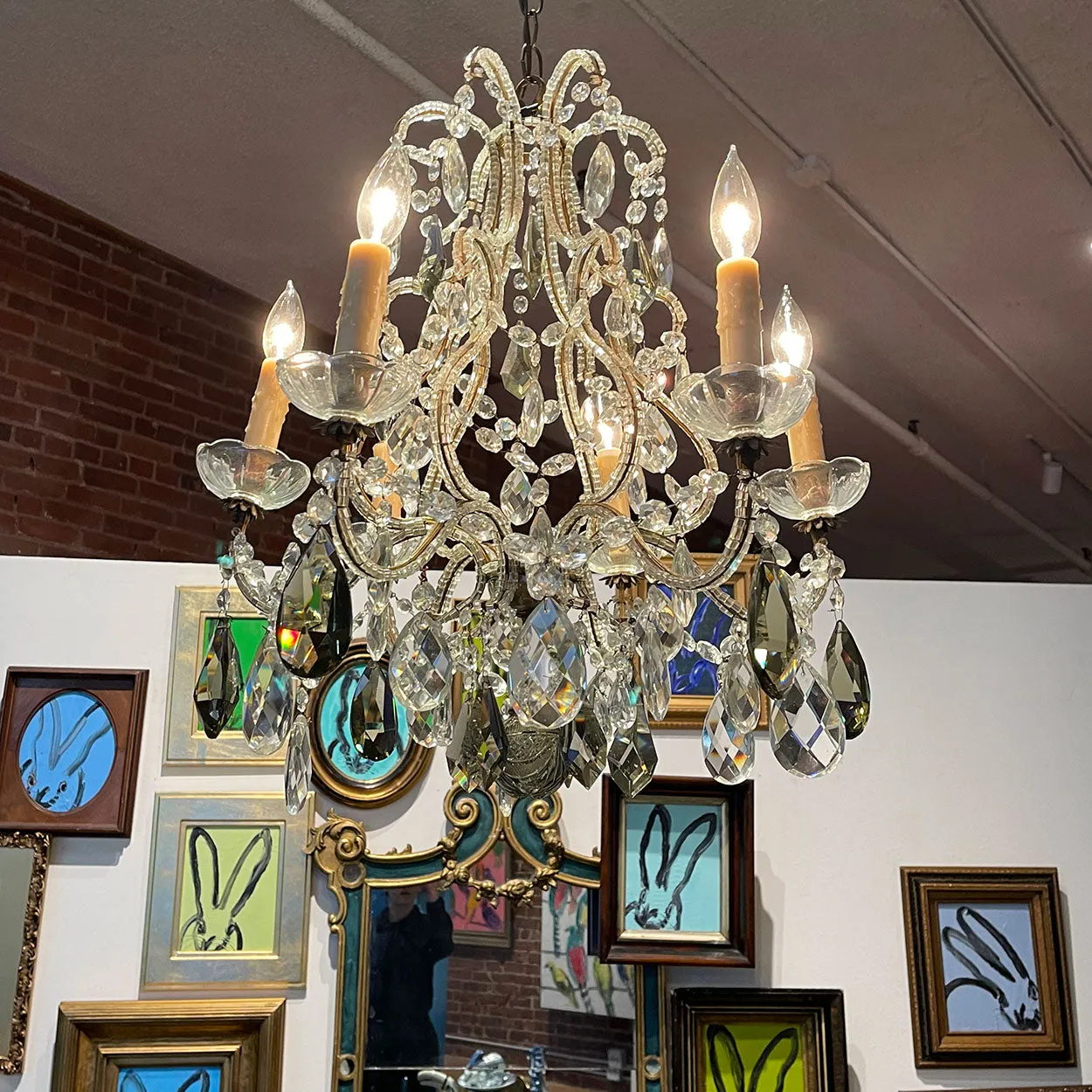 Small French Louis XV Revival Wrought Iron, Beaded and Crystal Six-Light Chandelier