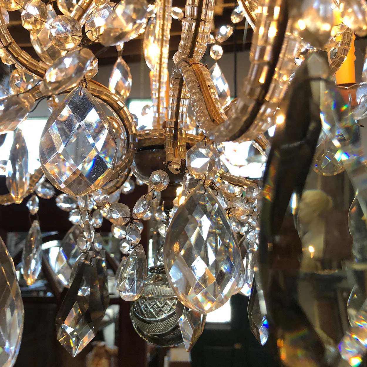 Small French Louis XV Revival Wrought Iron, Beaded and Crystal Six-Light Chandelier