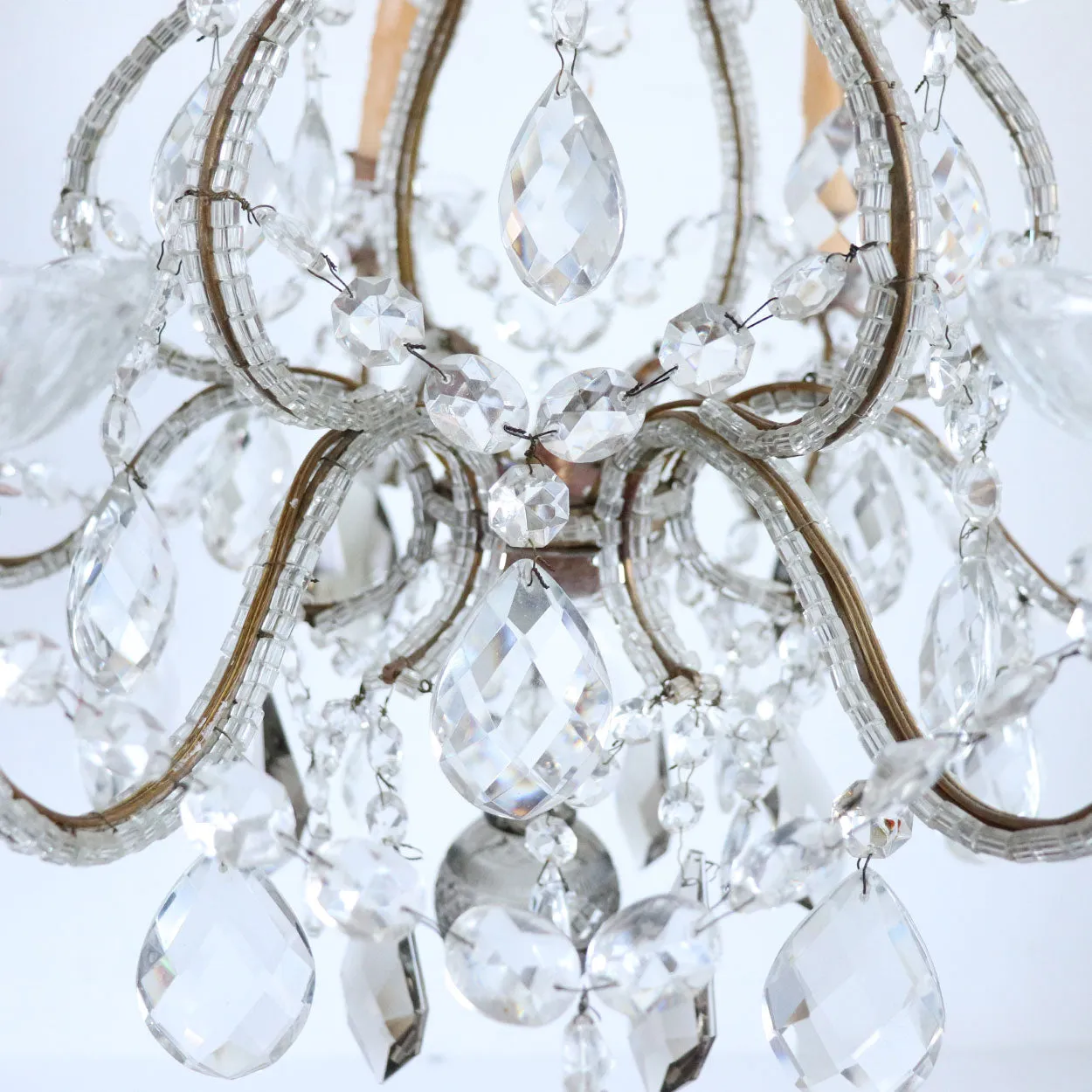 Small French Louis XV Revival Wrought Iron, Beaded and Crystal Six-Light Chandelier