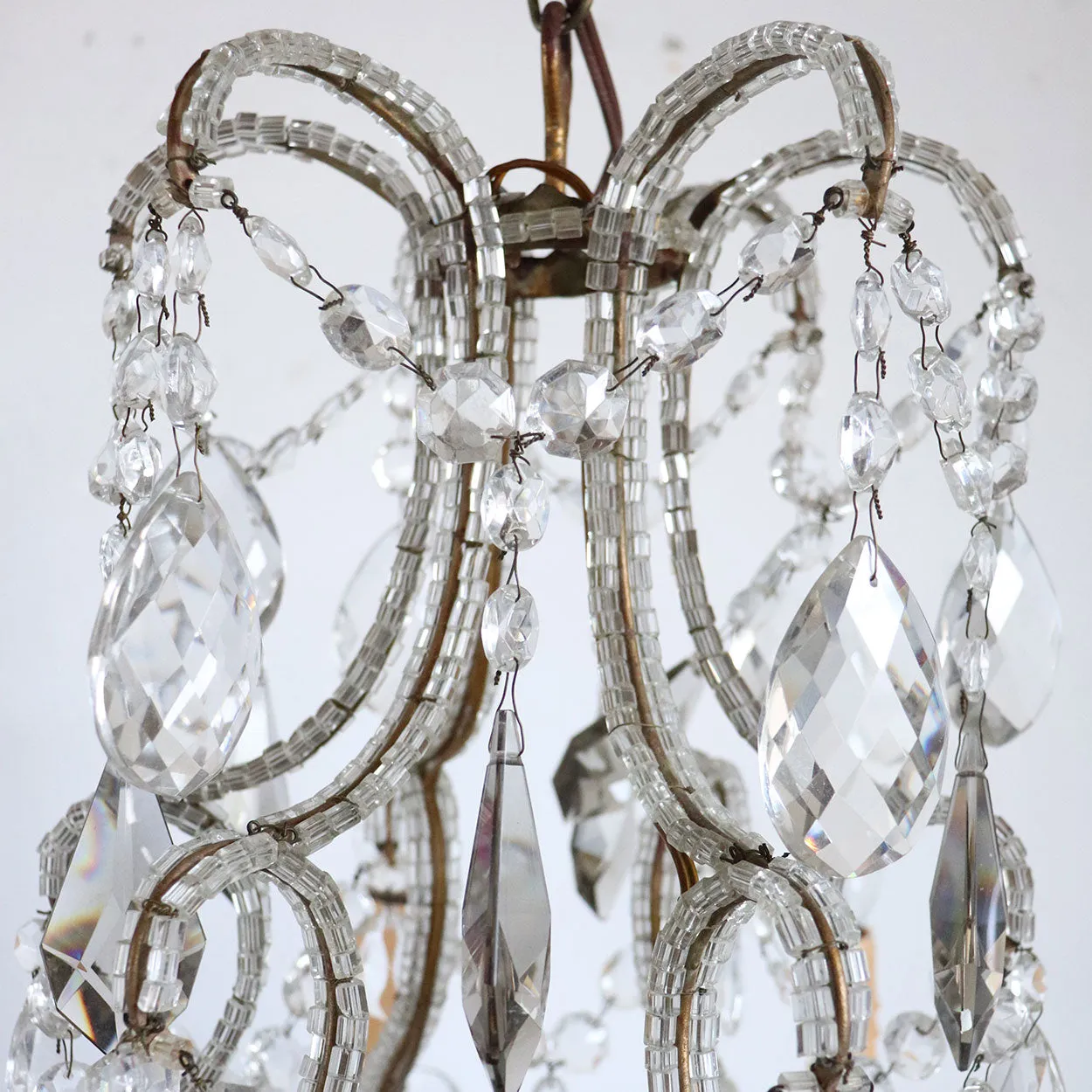 Small French Louis XV Revival Wrought Iron, Beaded and Crystal Six-Light Chandelier