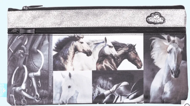 Spencil Twin Zip Pencil Case-Black & White Horses