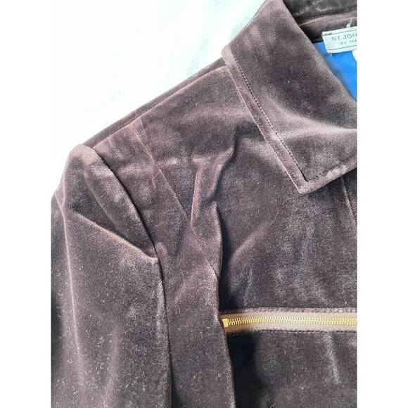 St. John Sport By Marie Gray Velvet Zip-Up Jacket With Gold Zippers &amp; Pockets -