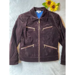 St. John Sport By Marie Gray Velvet Zip-Up Jacket With Gold Zippers &amp; Pockets -