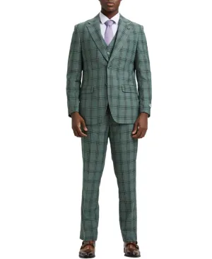Stacy Adams - Hybrid Fit Plaid 3 Piece Green Suit