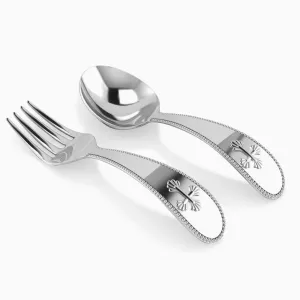 Sterling Silver Beaded Cross Baby Spoon & Fork Set by Krysaliis