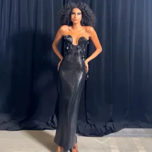 Strapless Sleeveless Bead Piece Maxi Bodycon Dress BD2425