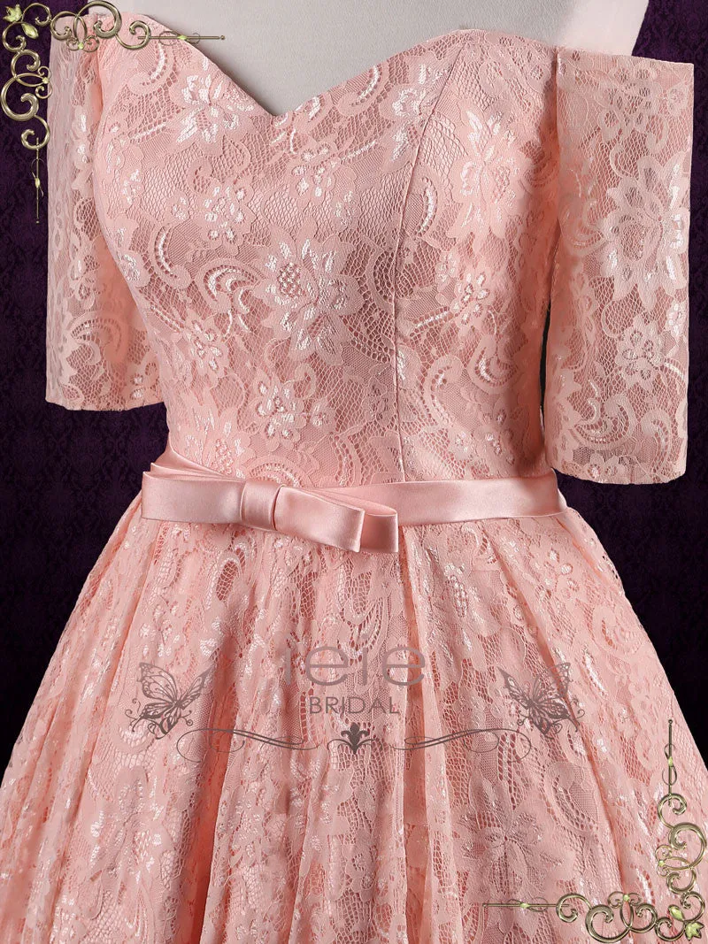 Strapless Tea Length Pink Lace Formal Dress | BRANDI