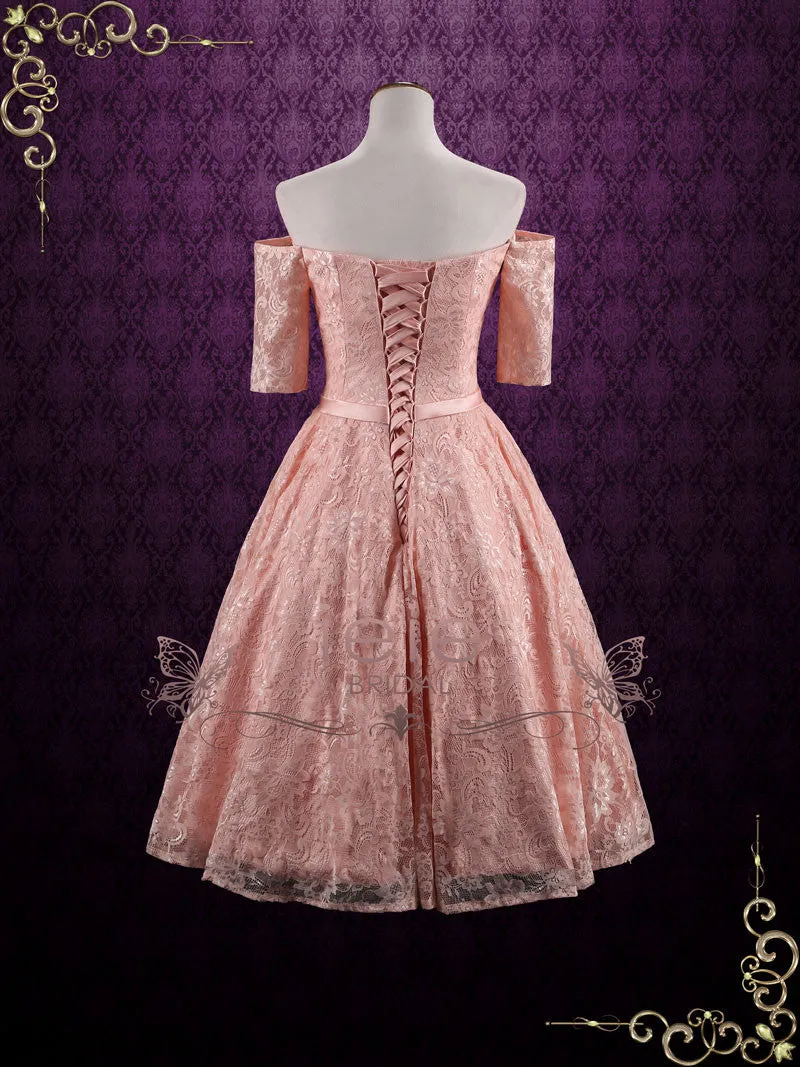 Strapless Tea Length Pink Lace Formal Dress | BRANDI