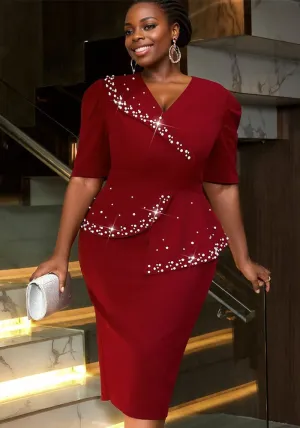 Stunning Beaded Ruffle Bodycon Dress with Elegant V-Neck and Sparkling Detail for Formal Parties